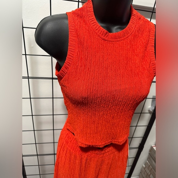 Tomato Red Two Piece Sleeveless Crop Top Pants Set - Picture 8 of 9